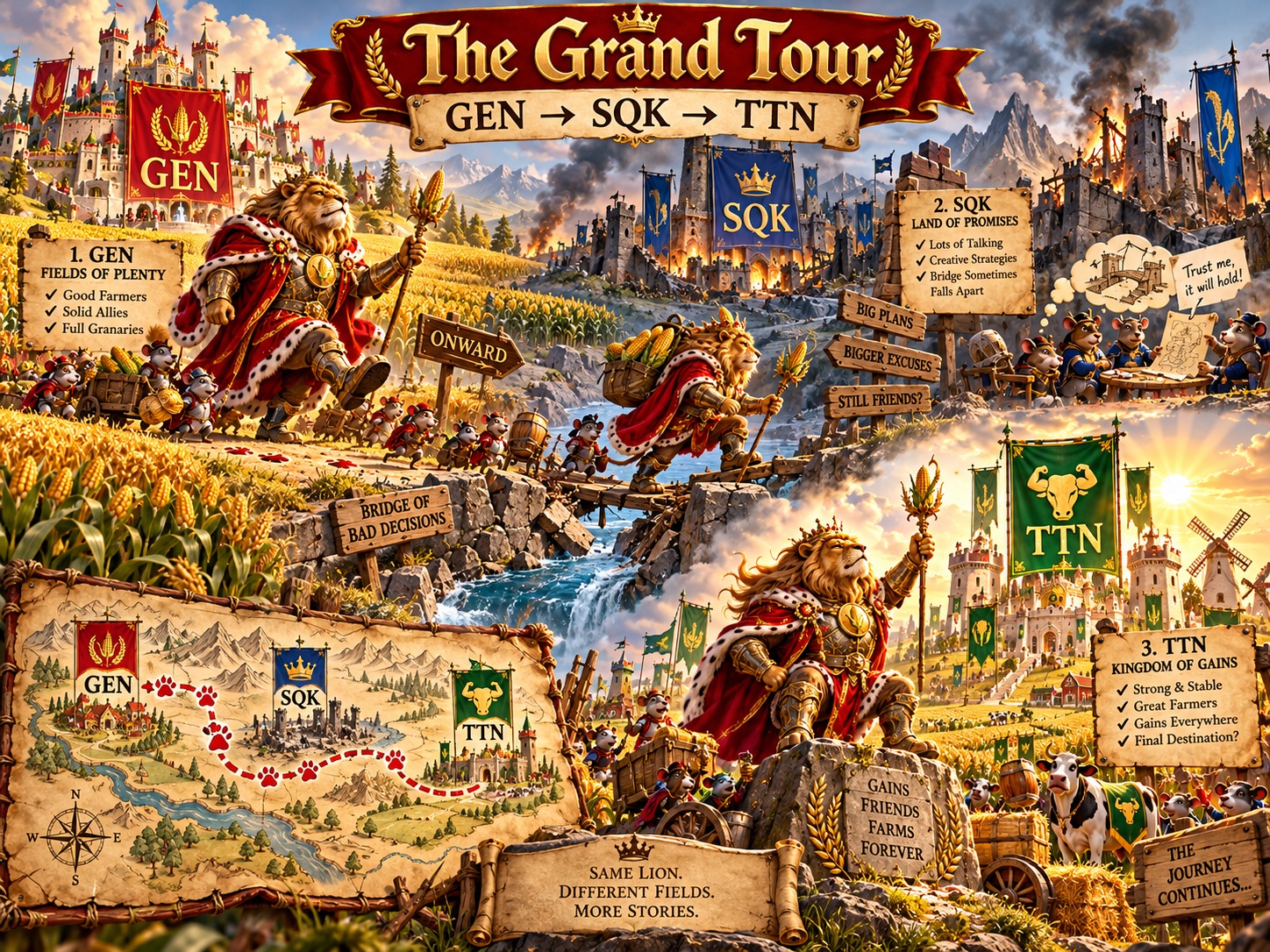 Illustrated comedic timeline of a lion traveling from GEN to SQK to TTN